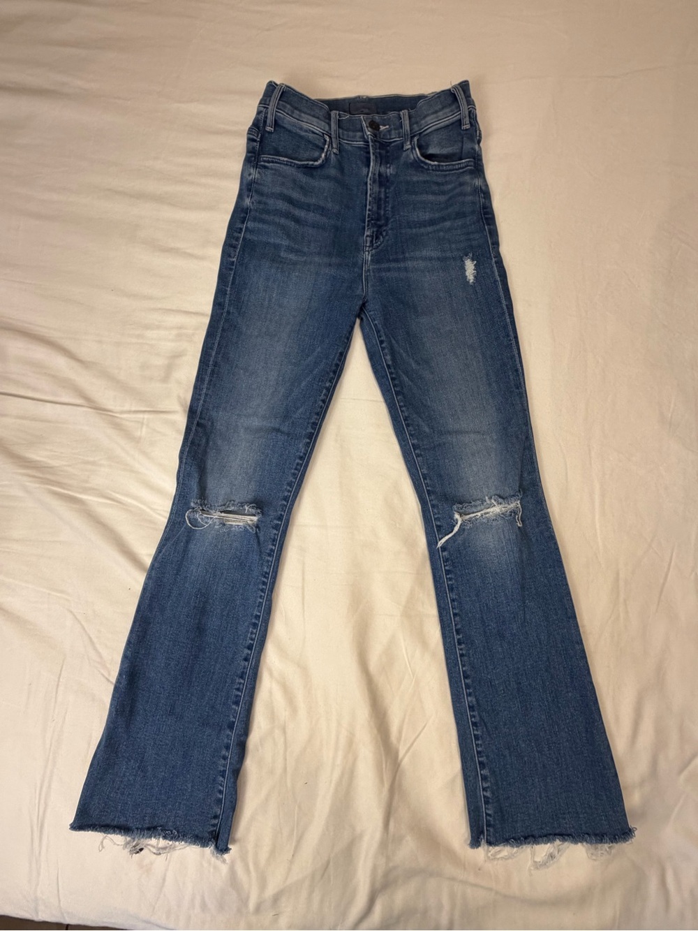 MOTHER Medium Blue Bootcut Jeans with Knee Rips 25